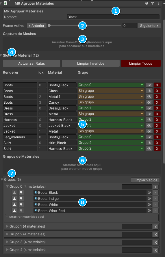 Inspector MRAgruparMateriales - Slots y Grupos